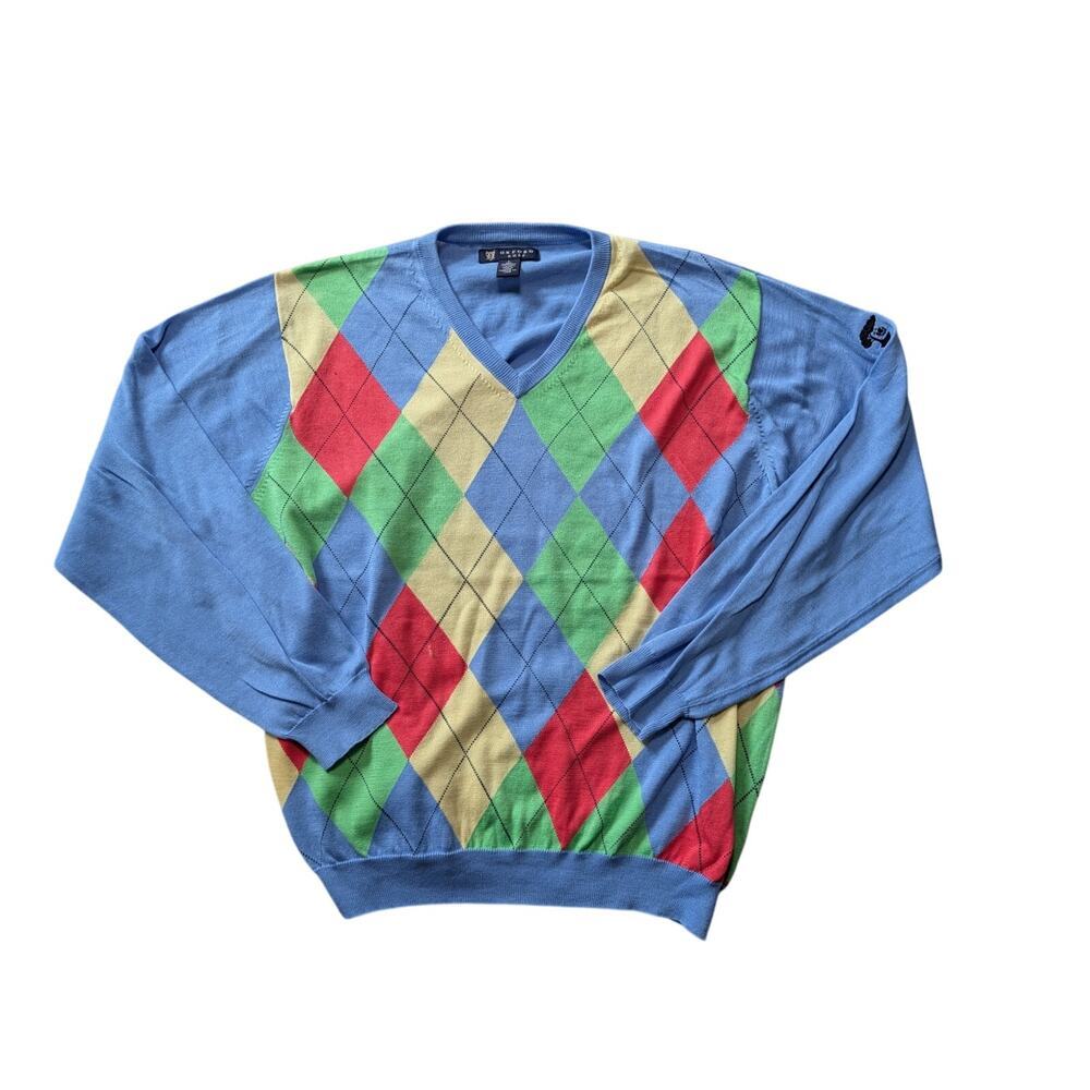 OXFORD GOLF Men's Argyle v-neck; 100% cotton sweater; SO SOFT!! Size large